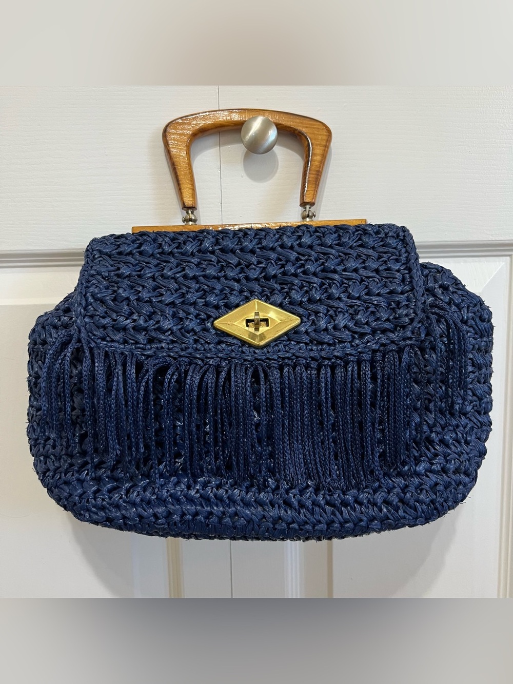 Vtg Made In Japan Navy Raffia Woven Fringe Handbag Wooden Top Handle